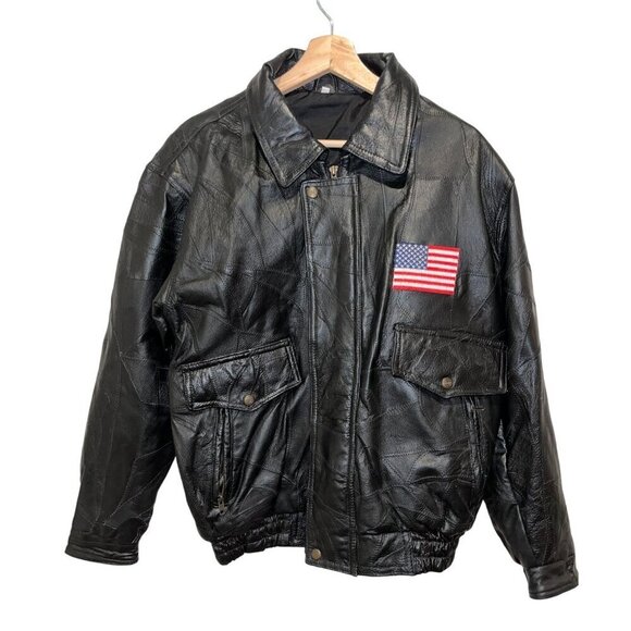 Vtg Mens Black Leather Bomber Jacket With American Flag Patch Size SMALL - Picture 1 of 8